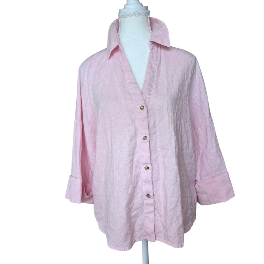 HM Pink Linen Blend Oversized Button Down Shirt 3/4 Sleeve Pleated Back Medium